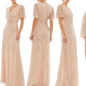Mac Duggal Beaded Leaves Butterfly Sleeves Gown